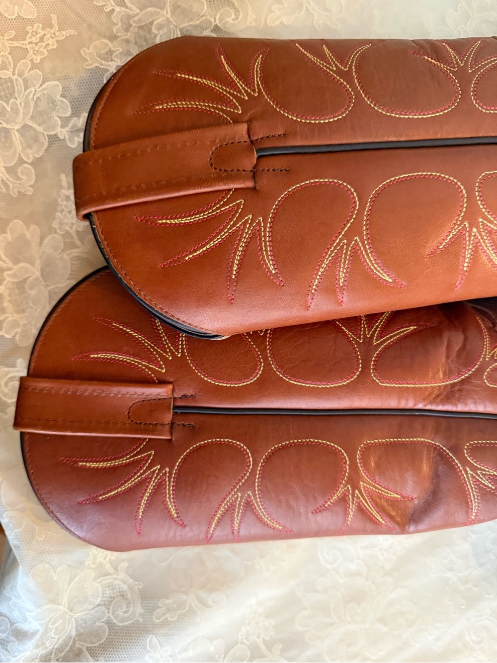 FRYE 7.5 Women's Western Cognac Leather Heeled Boots Vintage 1980s Made in USA - Picture 14 of 16